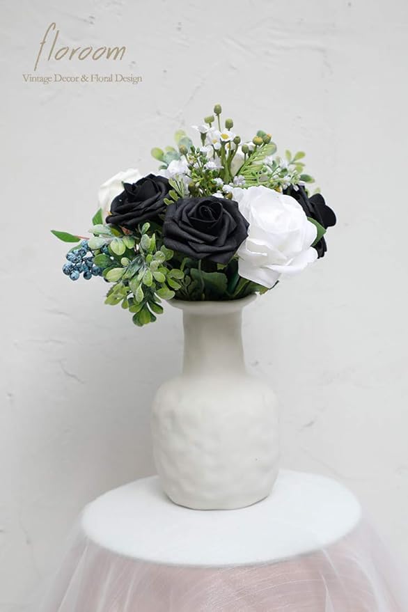 Floroom Artificial Flowers 25pcs Real Looking Black Foam Fake Roses with Stems for DIY Wedding Bouquets Centerpieces Arrangements Party Tables Home Halloween Decorations