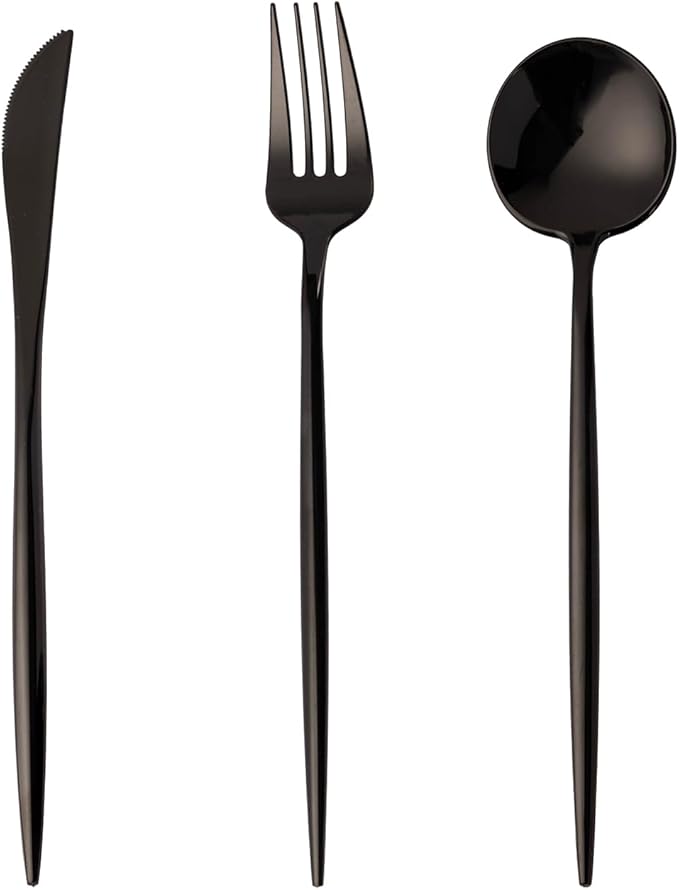 Black Plastic Forks, Knives and Spoons Set, 180 Count, Heavy Duty