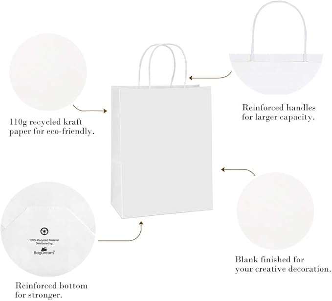 Gift Bags, 10x5x13 Inch White Kraft Paper Bags with Handles, 100 Count