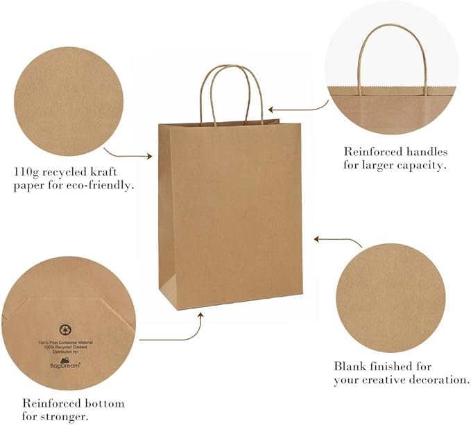 Gift Bags: Brown Kraft Paper with Twist Handles, 100 Count, 10x5x13 Inch