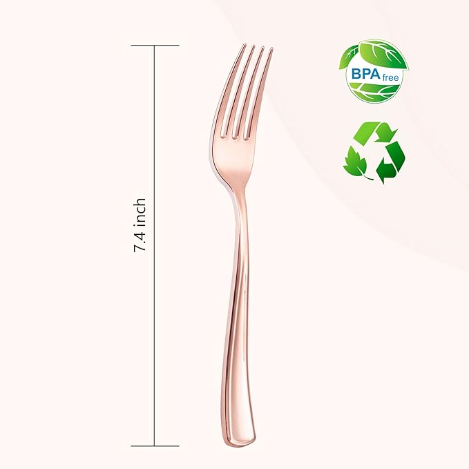 Forks, 200 Count Rose Gold Plastic Disposable, 7.4 Inch Length