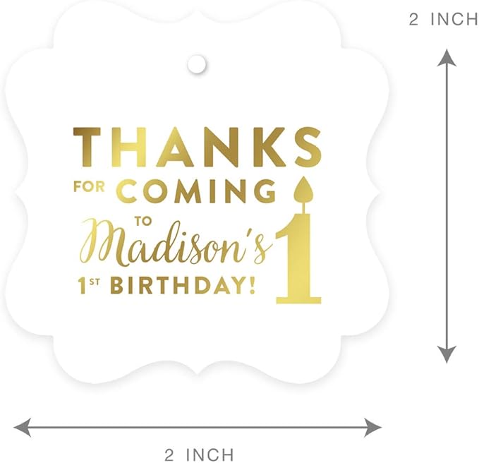 Andaz Press Personalized Fancy Frame Square Birthday Gift Tags, Metallic Gold Ink, Thanks for Coming to My 1st Birthday, 24-Pack, Custom Made Name