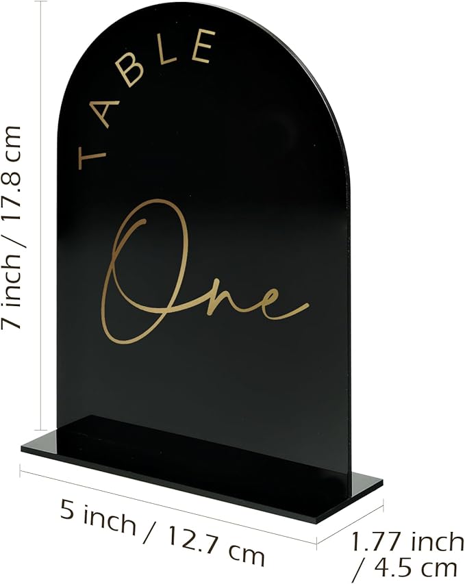 Place Card Table Numbers 1-10, Black Arch Acrylic with Gold Print