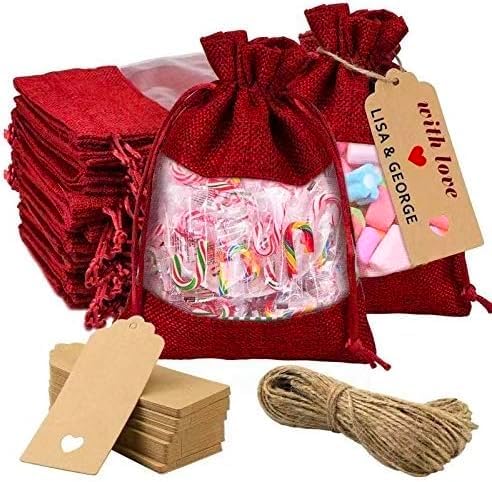 Gift Bags 50 Pack, 4x6 Inch Red Linen Sheer Bags with Drawstring