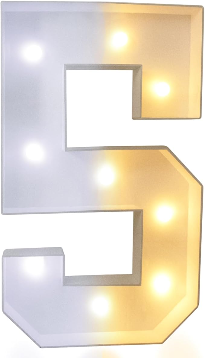Decorations Light Up Number 5 Marquee Sign, 3FT Tall, Warm and Cold White LED