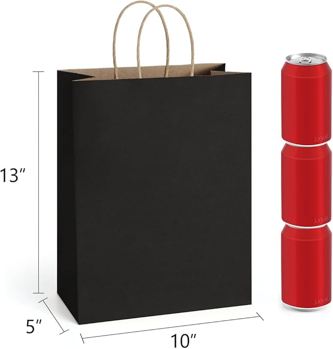 Gift Bags 100 Count 10x5x13 Inch Black Kraft with Twist Handles