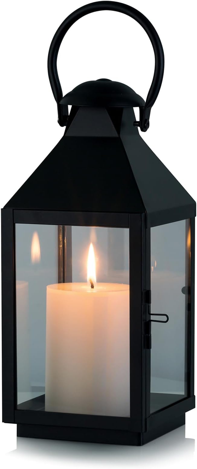 Black Metal Decorative Candle Lantern with Hanging Ring and Flat Base