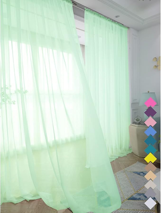 Window Light Green Sheer Curtains 48 Inches Width 120 Inches Long 2 Panels Sheer Curtain Clear Curtains Basic Rod Pocket Panel for Home Living Room Bedroom Kids Room Yard Patio Parlor Sliding