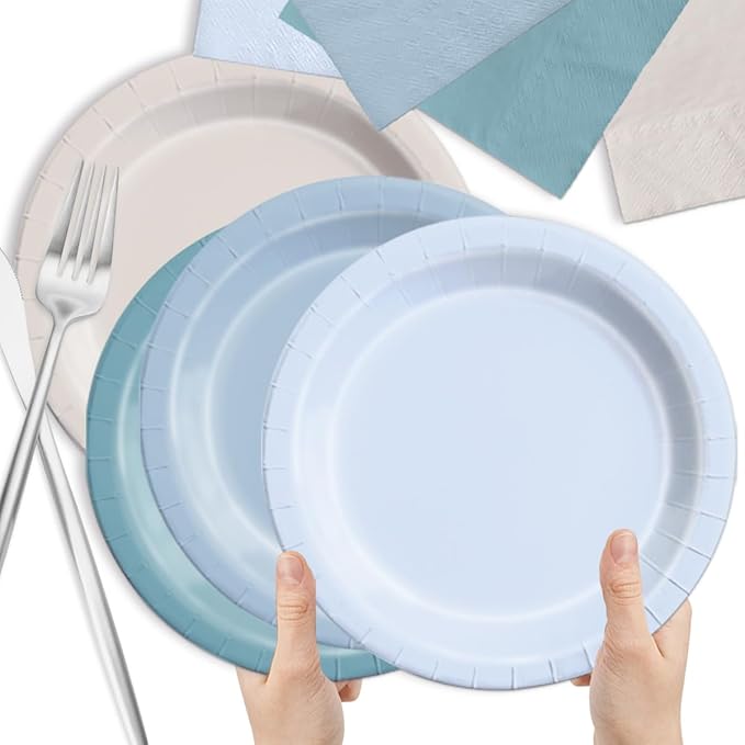Plates Set, Dusty Blue Paper Party Plates and Napkins, 150 Pieces