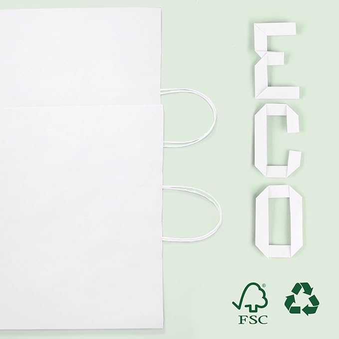 Gift Bags, White Kraft Paper with Handles, 50 Pack, 16 x 6 x 12 Inch