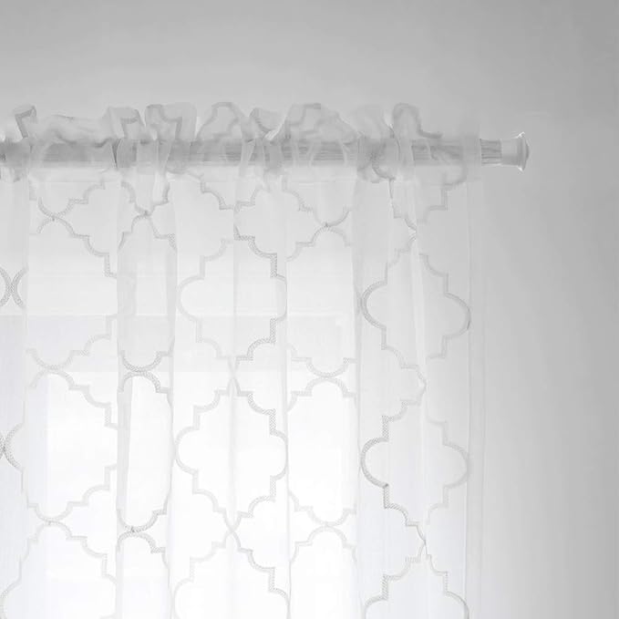 MYSTIC-HOME Sheer Curtains White 95 Inch Length, Rod Pocket Voile Drapes for Living Room, Bedroom, Floral Semi Crinkle Curtain Panels for Yard, Patio, Villa, Set of 2, 52"x 95".