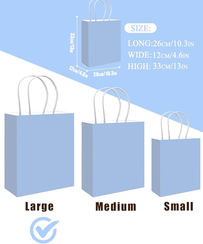 Gift Bags, 100 Light Blue Paper Bags for Party Favors