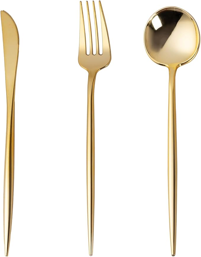 Forks, Knives and Spoons Set: 150 Gold Plastic Pieces, Heavy Duty