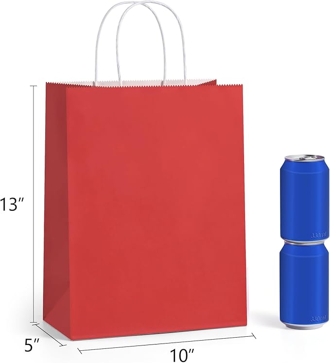 Red Paper Gift Bags, 10 x 5 x 13 Inch, Pack of 100 Solid Color