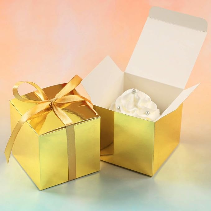 COTOPHER 60pcs Small Gift Boxes, Favor Boxes 2x2x2 inches Paper Gift Boxes with Ribbons Candy Box for Wedding Favors Baby Shower Bridal Shower Birthday Party (60pcs 2x2x2, Gold)
