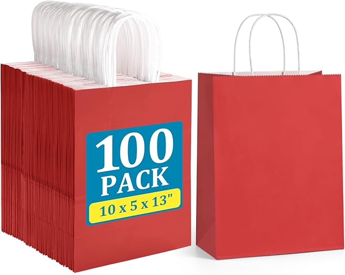 Red Paper Gift Bags, 10 x 5 x 13 Inch, Pack of 100 Solid Color