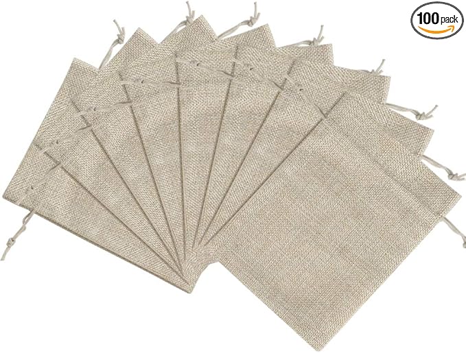 Cream Burlap Drawstring Gift Bags, 3x4 to 7x9 Inch, Pack of 100
