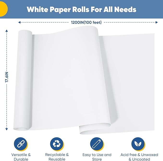 Drawing Paper Roll for Kids Art Supplies, 17.6"x1200" (100') Easel Craft Decorative Paper, White Eid Gift Wrapping Paper, Solid Color Poster Kraft Paper, Perfect for Valentine's Day, Wedding, Birthday
