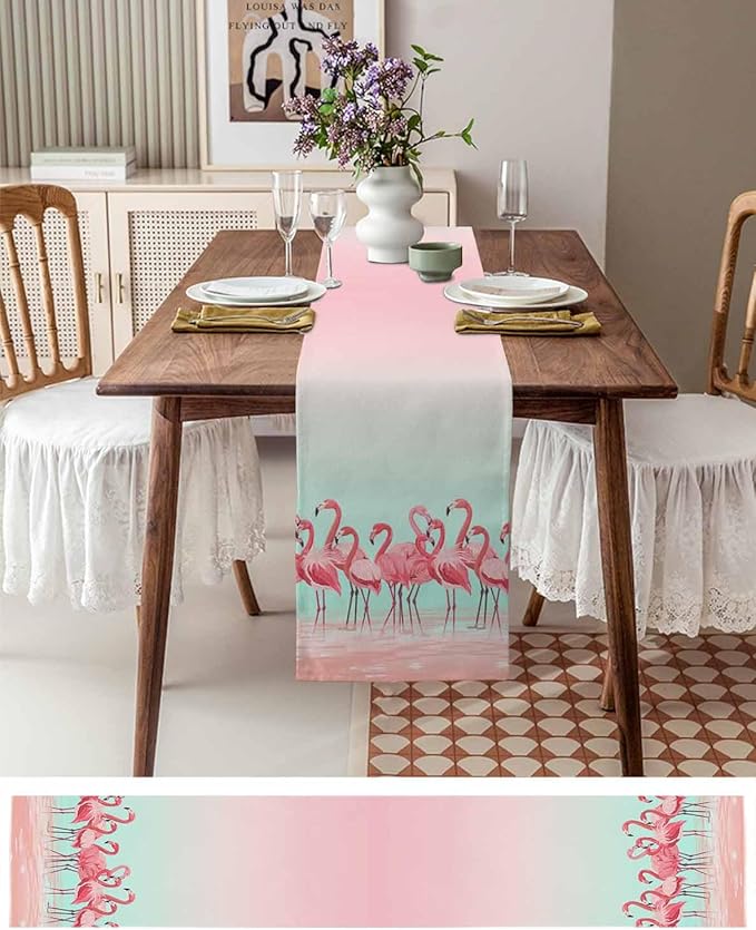 Tropical Flamingo Cotton Linen Table Runner for Dining Kitchen, Wedding Outdoor Party Tablerunners Decoration, Pink Bird Coastal Nautical Animal Dresser Scarf Coffee Tablecloth Runners 13x72 Inches
