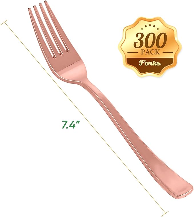 Rose Gold Plastic Party Forks, 300 Count, 7.4 Inch Disposable Utensils