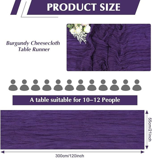 10 Pack Purple Cheesecloth Table Runner -21*120Inch Long Boho Wedding Table Decor, Rustic Gauze Fabric Runner for Bridal Showers, Baby Showers & Parties (Sheer, Lightweight, Wrinkled Design)