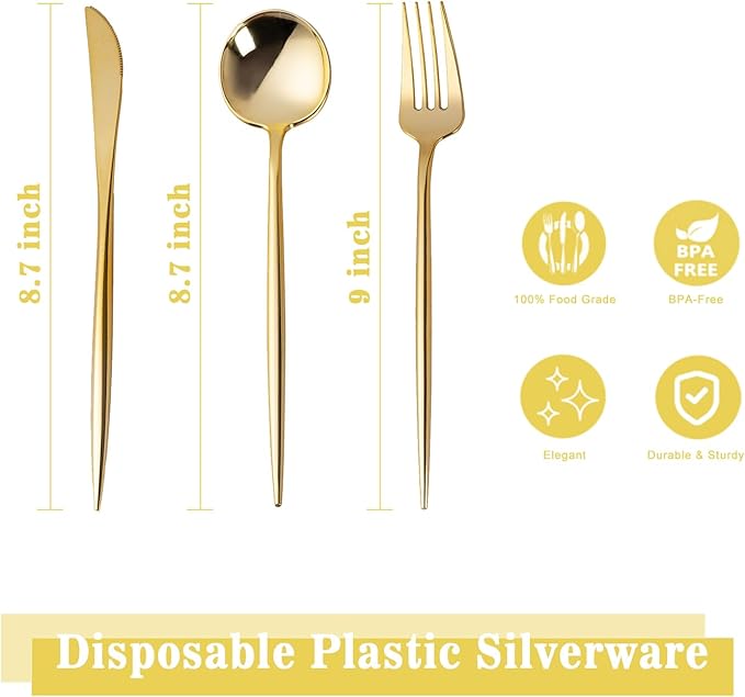 Forks, Knives and Spoons Set: 150 Gold Plastic Pieces, Heavy Duty