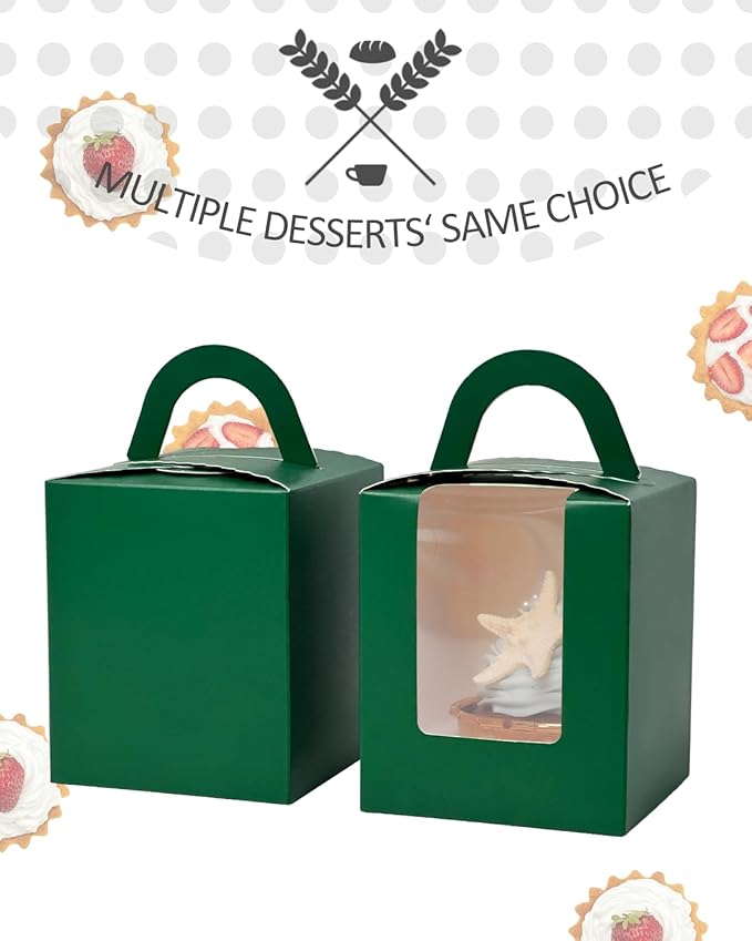 Cupcake Carriers Deep Green Cardboard Boxes with Inserts, 50 Pack