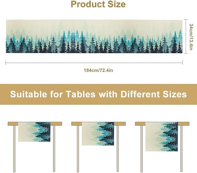 Misty Forest Table Runner,Foggy Blue Forest Landscape Table Runner for Kitchen Dining Table Home Party Decoration 13x120 Inch