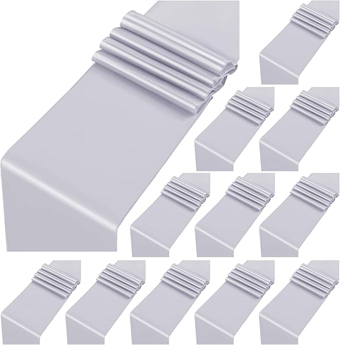 12 Pack Silver Satin Table Runner,12 x 108 inch Long Premium Smooth Table Runner for Wedding, Banquets, Birthday, Party, Graduation, Engagements, Table Runners fit Rectangle and Round Table