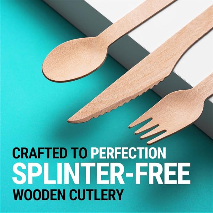 Disposable Wooden Cutlery Set, 300 Pieces, Natural Birch Wood
