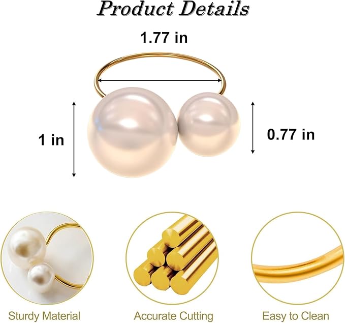 Napkin Rings, 50 Pack, Gold Metal with Pearl Accents