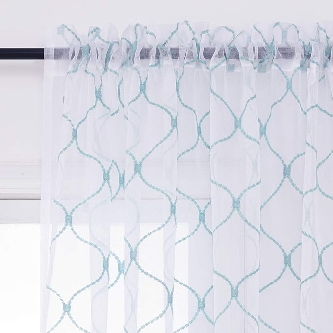 Embroidery Sheer Curtains Blue 84 Inches, Rod Pocket Voile Drapes for Living room, Bedroom, Window Treatments Wave Diamond Semi Crinkle Curtain Panels for Yard, Patio, Villa, Set of 2, 52"x 84".
