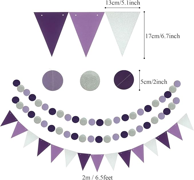 ZERODECO Party Decoration, 21 Pcs Purple and Lavender Hanging Paper Fans, Pom Poms Flowers, Garlands String Polka Dot and Triangle Bunting Flags for Birthday Parties, Wedding, Mermaid Party