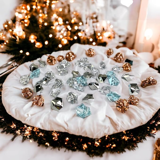 HappyFiller 14 OZ Fake Ice Rocks Cubes Acrylic Gems Stones for Winter Decorations,Christmas Vase Fillers,Wedding Table Scatters,Crafts,Home Centerpieces,Clear,Sea Blue,Silver Mix