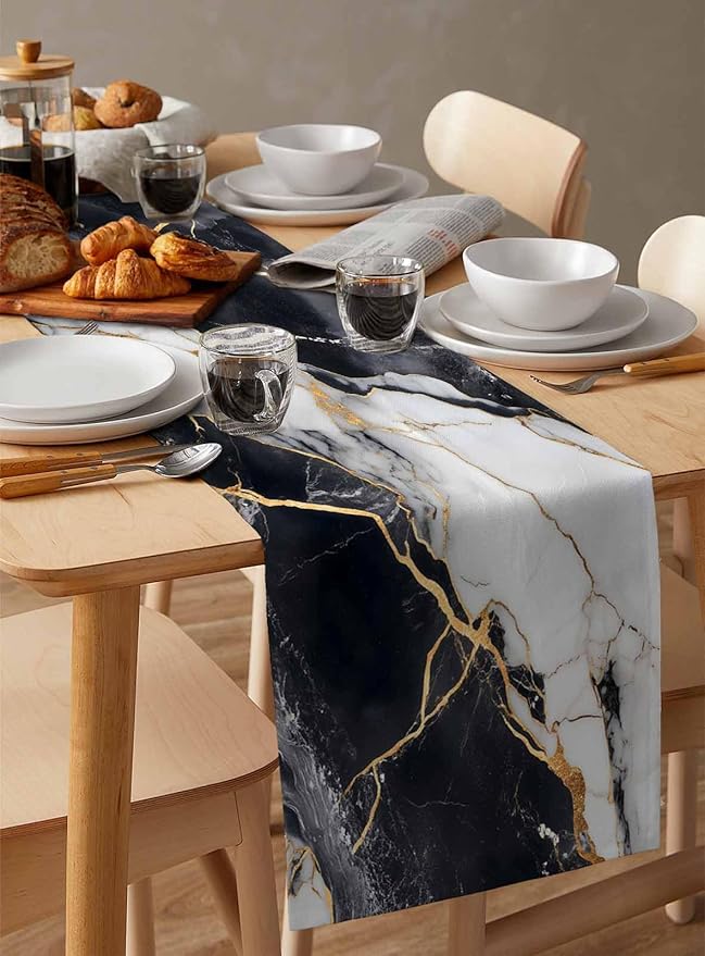 Black White Marble Cotton Linen Table Runner for Dining Kitchen, Wedding Outdoor Party Tablerunners Decoration, Nature Marble Crack Modern Art Dresser Scarf Coffee Tablecloth Runners 13x48 Inches