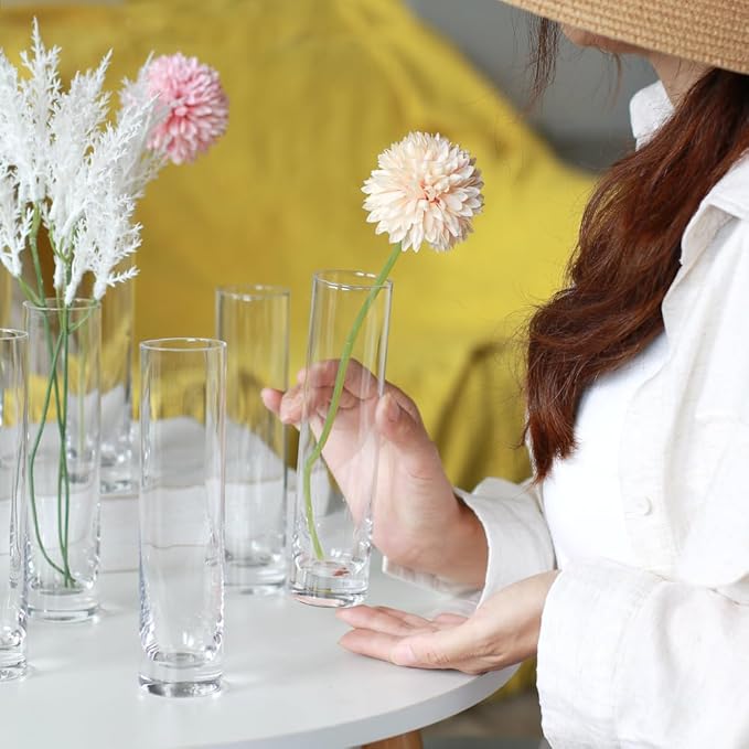 Vases Set of 12 Clear Hand-Blown Crystal Glass Cylinders, 7.5 Inch