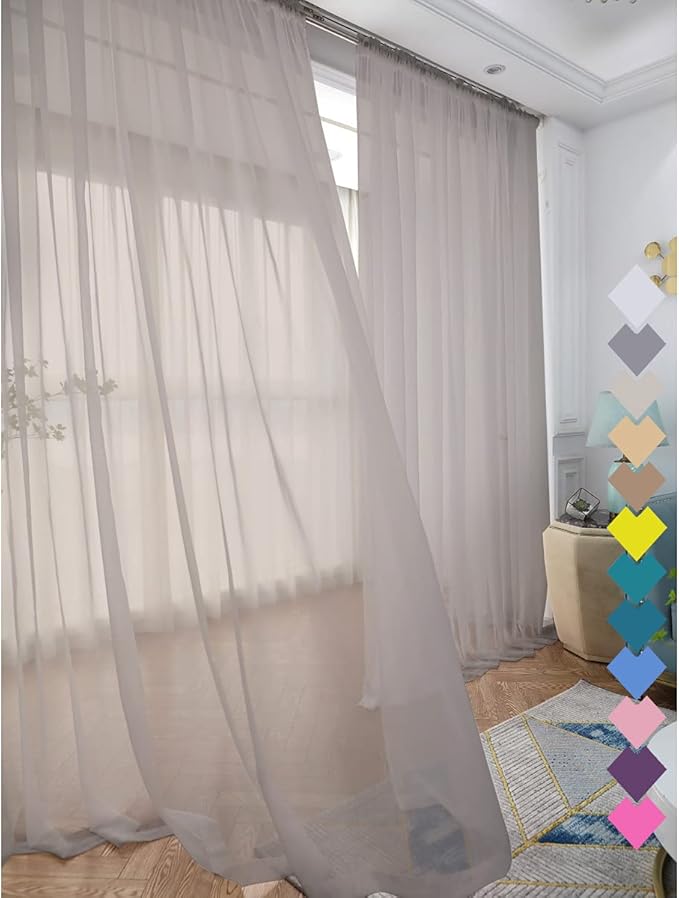 Window Light Grey Sheer Curtains 48 Inches Width 63 Inches Long 2 Panels Sheer Curtain Clear Curtains Basic Rod Pocket Panel for Home Living Room Bedroom Kids Room Yard Patio Parlor Sliding