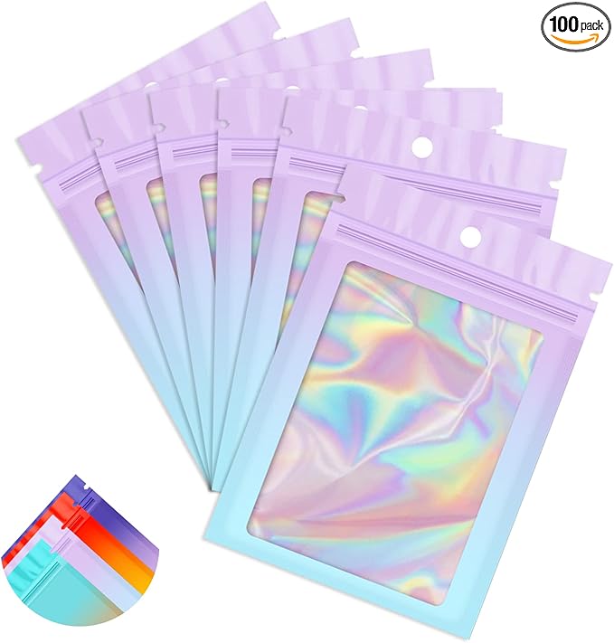 Funfery 100 Pack Holographic Bags,Mylar Resealable Bags with Zipper,Clear Window Packaging Pouch,Plastic Foil Bag for Food Storage,Sample Jewelry Baggies(4×6in,Purple Blue)