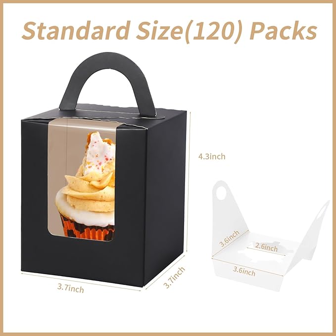 Cupcake Carriers 120 Pack Black Individual Boxes with Removable Inserts