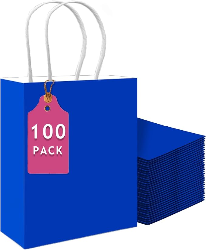 Gift Bags with Handles, 100 Count Diamond Blue Paper Party Bags