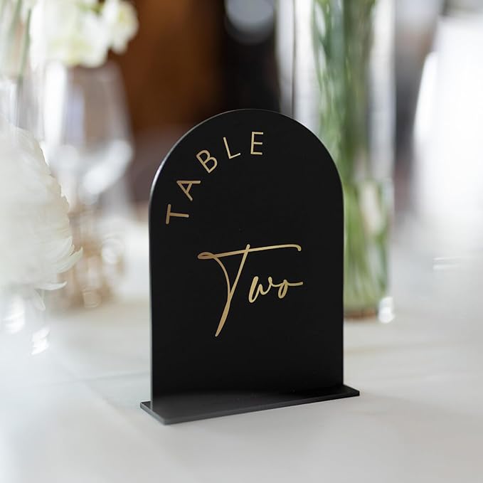 Place Card Table Numbers 1-10, Black Arch Acrylic with Gold Print