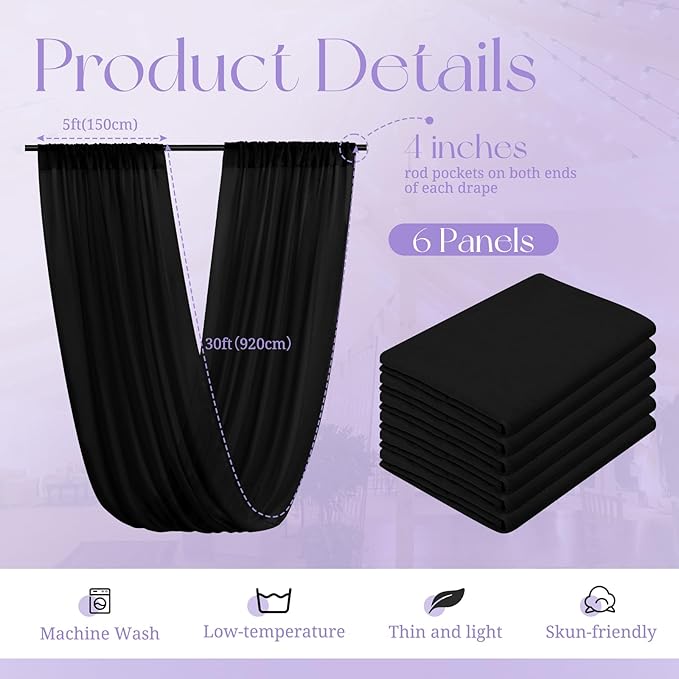 6 Panels Black Ceiling Drapes for Wedding, 5ftx30ft Ceiling Drapes Cheesecloth Sheer Fabric Curtain Wedding Arch Draping Fabric Romantic Ceilings Decorations for Weddings Party Ceremony Stage