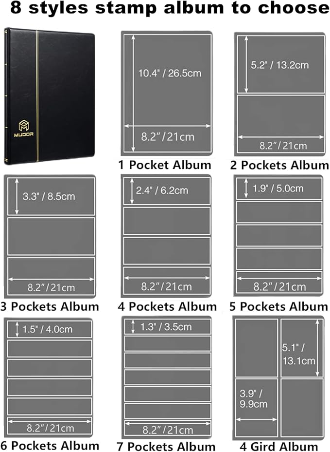MUDOR Stamp Collecting Album, 6 Rows Pockets Stamp Book for Collectors, 10 Sheets Stamp Stockbook