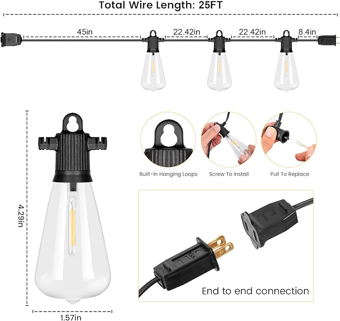 String Lights, 25 ft Outdoor Vintage Edison Style with 12 Warm White Bulbs