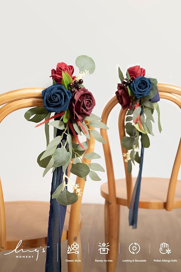 Artificial Flowers for Chairs, 8 Pack Burgundy and Navy Wedding Pew Decor