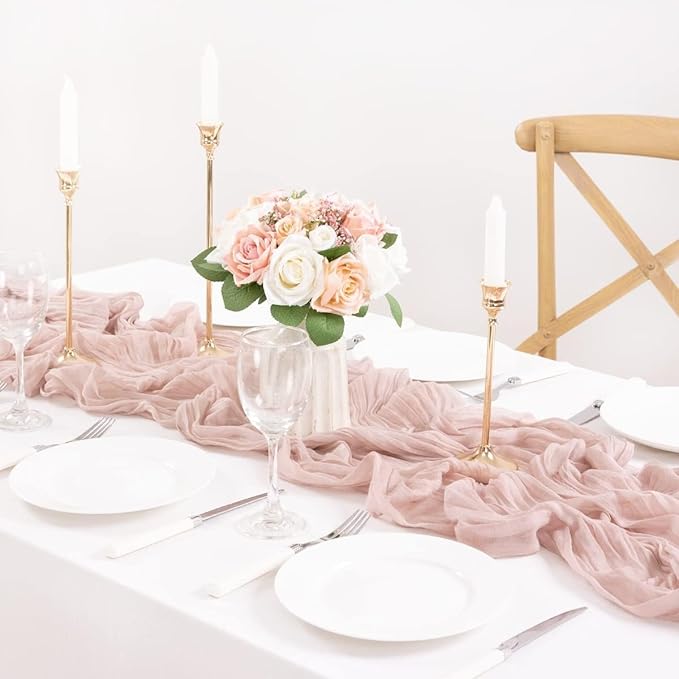 12Pcs Rubber Powder Cheesecloth Table Runner 120 Inch10FT Dust Powder Rustic Boho Cheesecloth Table Runnerfor Wedding Party Baby Shower Birthday Home Decor Holiday Decorations