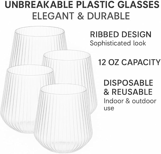 Wine Glasses, 18 Pack Clear Ripple Plastic Stemless 12 Oz