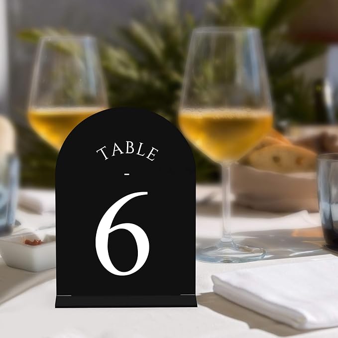 JOYIT Arch Wedding Table Numbers 1-50 with Stands Double-Sided Printed 5" X 7" Acrylic Table Signs with Black Background White Text, Perfect for Wedding Receptions, Parties