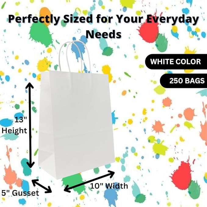Gift Bags, 250 Pack White Paper Bags for Crafts, 10 x 5 x 13 Inches
