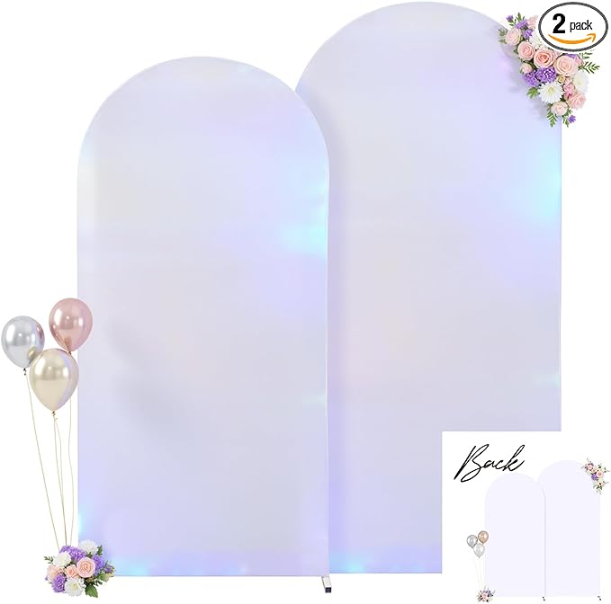 Silver and White Arch Backdrop Cover for Wedding, 7.2FT 6FT Set of 2 Stretchy Spandex Fitted Arch Stand Cover for Baby Shower, Birthday Party Decor, Chiara Backdrop Cover with Double-Sided Design